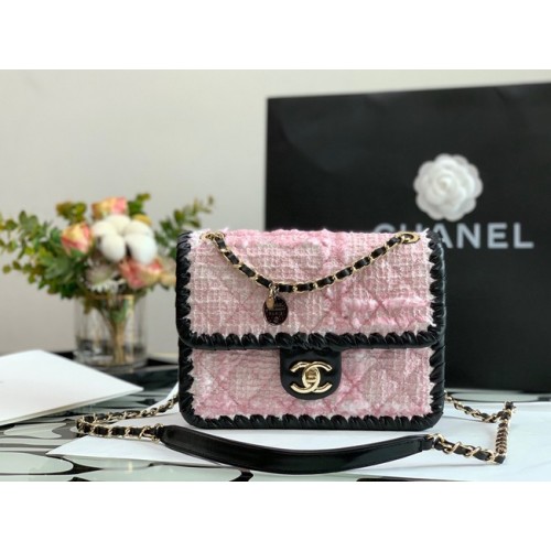 CHANEL Tweed gevlochten kalfsleer goudkleurig metaal AS6075 roze