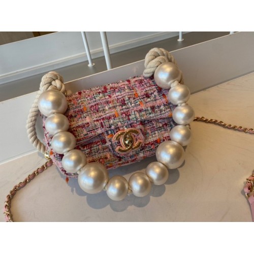 CHANEL Tweed Gevlochten Schapenvacht Goudkleurig Metaal AS0593 roze