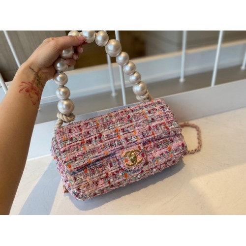 CHANEL Tweed Gevlochten Schapenvacht Goudkleurig Metaal AS0594 roze