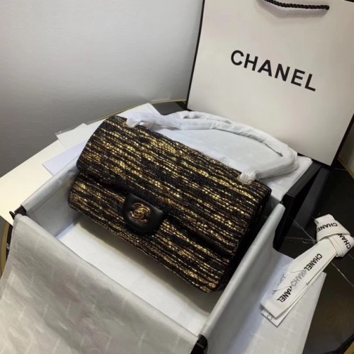 CHANEL Tweed kalfsleer -kleurig goudkleurig metaal 1112 zwart