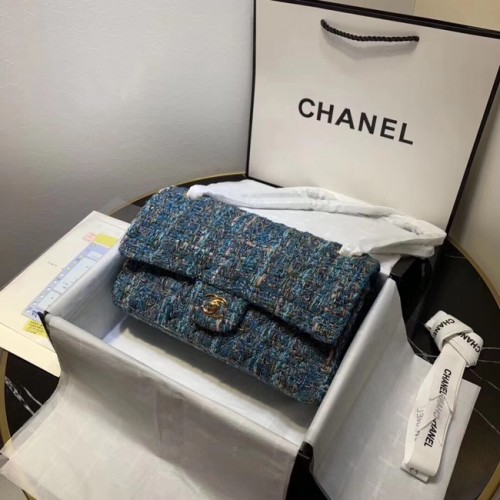 CHANEL Tweed kalfsleer -kleurig goudkleurig metaal 1112 blauw