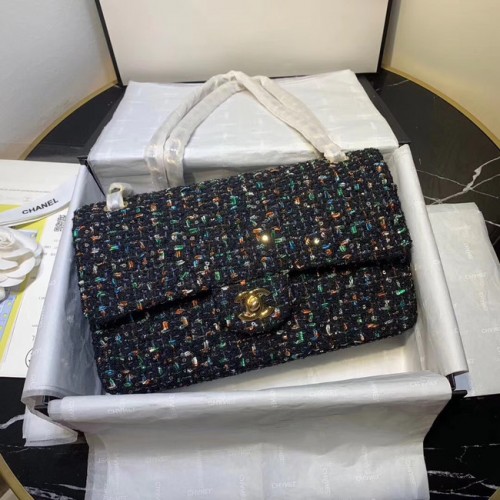 CHANEL Tweed kalfsleer -kleurig goudkleurig metaal 1112 donkerblauw