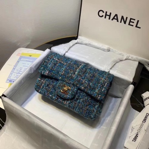 CHANEL Tweed kalfsleer -kleurig goudkleurig metaal 1116 blauw