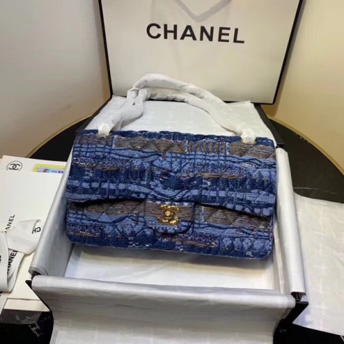CHANEL Tweed kalfsleer -kleurig goudkleurig metaal AS1112 blauw