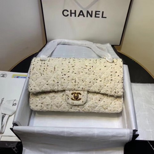CHANEL Tweed kalfsleer -kleurig goudkleurig metaal AS1112 wit