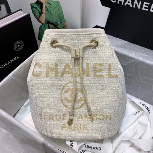 CHANEL Tweed kalfsleren tas met trekkoord Goudkleurig metaal 60588 wit