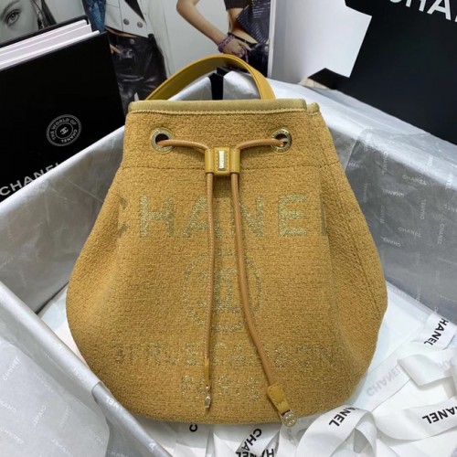 CHANEL Tweed kalfsleren tas met trekkoord Goudkleurig metaal 60588 geel