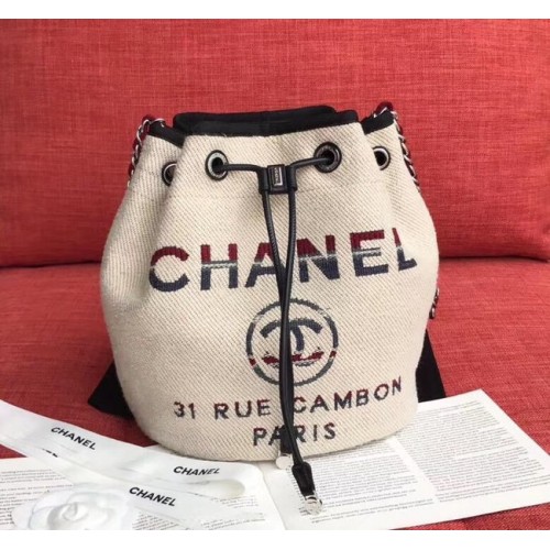 CHANEL Tweed kalfsleren tas met trekkoord Goudkleurig metaal AS0455 Crème
