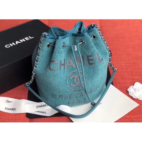 CHANEL Tweed kalfsleren tas met trekkoord Goudkleurig metaal AS0455 blauw