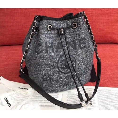 CHANEL Tweed kalfsleren tas met trekkoord Goudkleurig metaal AS0455 grijs