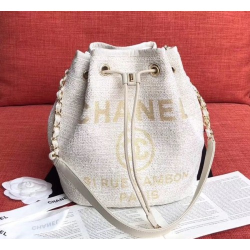 CHANEL Tweed kalfsleren tas met trekkoord Goudkleurig metaal AS0455 wit