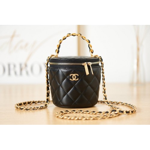 CHANEL VANITY MET KETTING Lamsleer goudkleurig metaal AS2873 zwart
