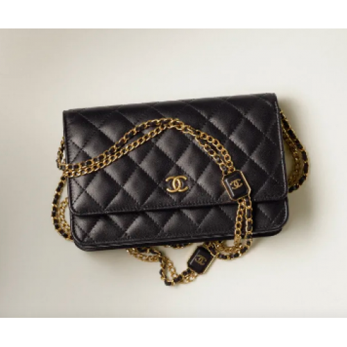 CHANEL PORTEMONNEE AAN KETTING Goudkleurig lamsleer AP2923 zwart