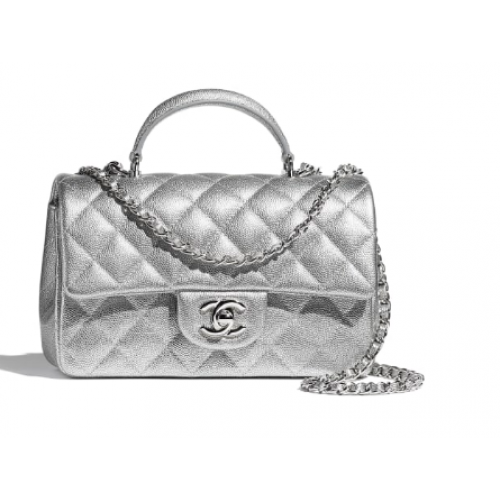 CHANEL mini flap bag met handvat aan de bovenkant AS2431 Zilver