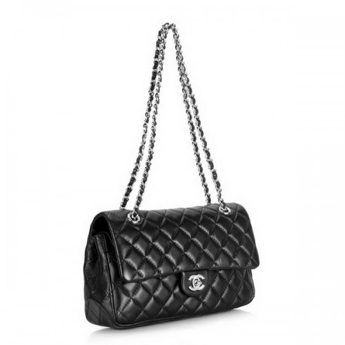 Chanel 2.55 Classic Series Flap Bag 1112 Zwart Leer Zilver Hardware