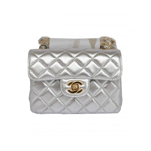 Goedkope Chanel Classic mini Flap Bag 1115 Lichtzilver Schapenvacht Gouden Hardware