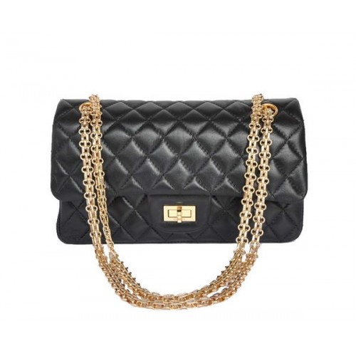 koop goedkope Chanel 2.55 Series 1122 Classic Black Sheepskin Flap Bag Gold Hardware