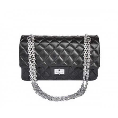 koop goedkope Chanel 2.55 Series 1122 Classic Black Sheepskin Flap Bag Silver Hardware