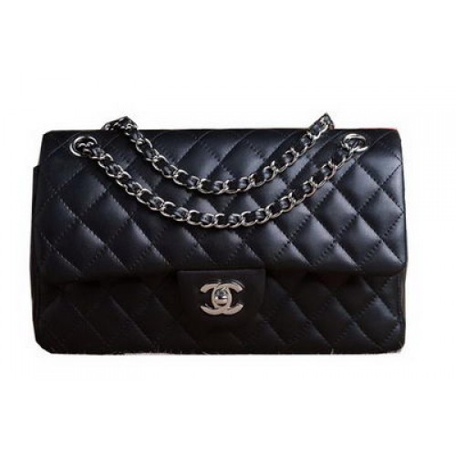 Chanel 2.55 Serie Tas Originele Zwarte Schapenvacht CHA1112 Zilver