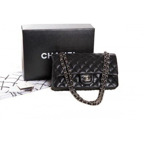 Chanel 2.55 Serie Zwart Origineel Leer Klassieke Flap Bag A01112 Zilver