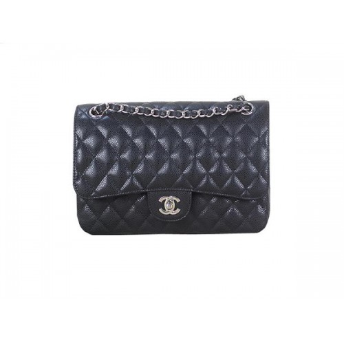 Chanel 2.55 Serie Klassieke Flap Bag 1112 Zwart Origineel Cannage Patroon Leer Zilver