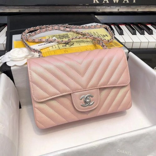 Chanel 2.55 Series Flap Bag Leer Rose goud A1116CF Zilver