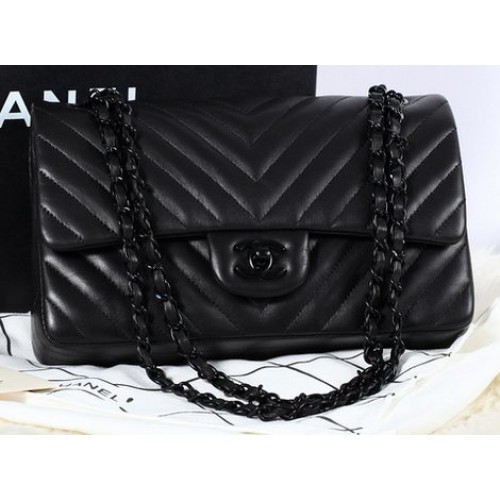 Chanel 2.55 Serie Flap Bag Schapenvacht Chevron Quilting A1112 Zwart