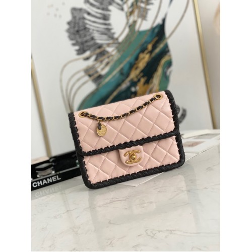 Chanel 22C New Woven Piping Square Originele Leren Tas AS6075 roze