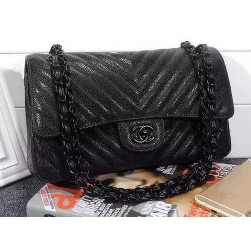 Chanel 2.55 Series Flap Bag Zwart Cannage Patroon Chevron Leer A1112V Zwart