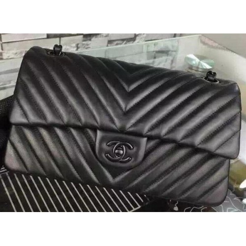 Chanel 2.55 Series Flap Bag Zwart Lamsleer Chevron Leer A5023 Zwart