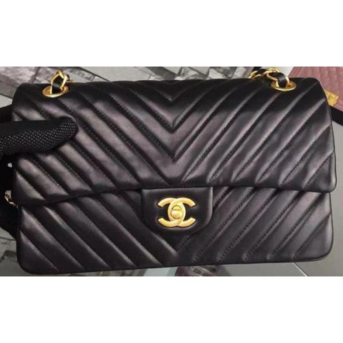 Chanel 2.55 Series Flap Bag Zwart Lamsleer Chevron Leer A5023 Goud