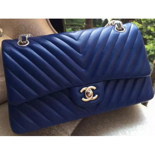 Chanel 2.55 Series Flap Bag Blauw Lamsleer Chevron Leer A01112 Zilver