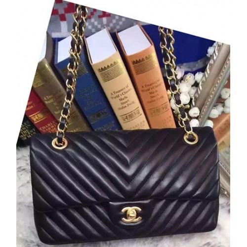 Chanel 2.55 Series Flap Bag Lamsleer Chevron Leer A05475 Zwart