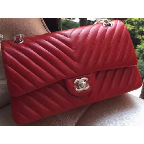 Chanel 2.55 Series Flap Bag Rood Lamsleer Chevron Leer A01112 Goud/Zilver