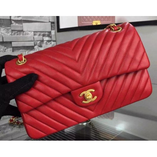 Chanel 2.55 Series Flap Bag Rood Lamsleer Chevron Leer A5023 Goud