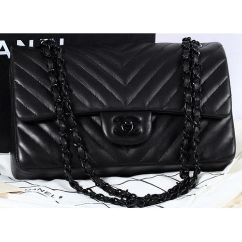 Chanel 2.55 Series Flap Bag Schapenvacht Chevron Leer A1112 Zwart