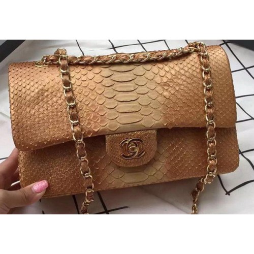 Chanel 2.55 Serie Flap Bags Abrikoos Origineel Python Leer A1112SA Goud