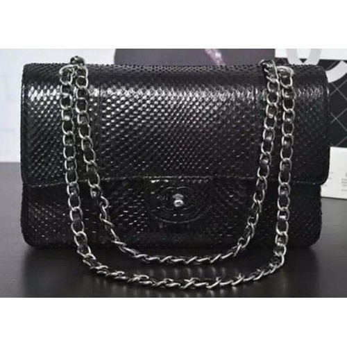 Chanel 2.55 Serie Flap Bags Zwart Origineel Slangenleer A1112SA Zilver
