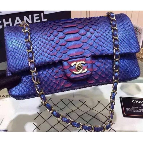 Chanel 2.55 Serie Flap Bags Blauw Origineel Python Leer A1112SA Goud
