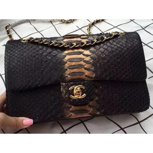 Chanel 2.55 Serie Flap Bags Brons & Zwart Origineel Python Leer A1112SA Goud