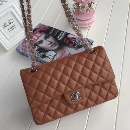 Chanel 2.55 Serie Flap Bags Bruin Originele Schapenvacht A1112 Zilver
