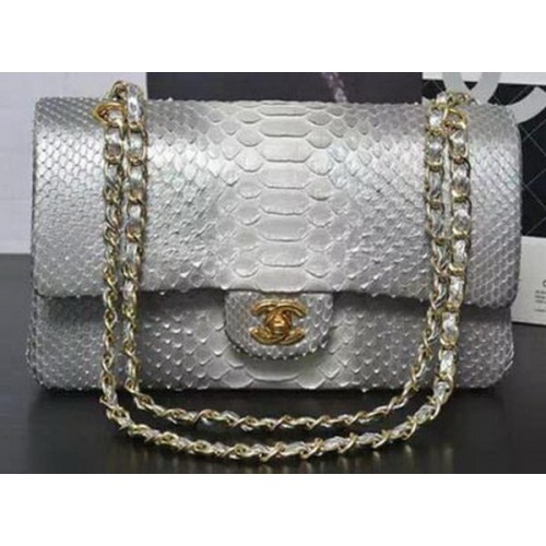 Chanel 2.55 Serie Flap Bags Grijs & Wit Origineel Python Leer A1112SA Goud