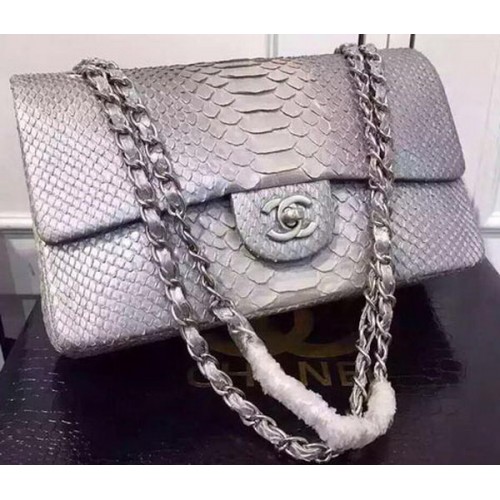 Chanel 2.55 Serie Flap Bags Grijs&Wit Origineel Python Leer A1112SA Zilver