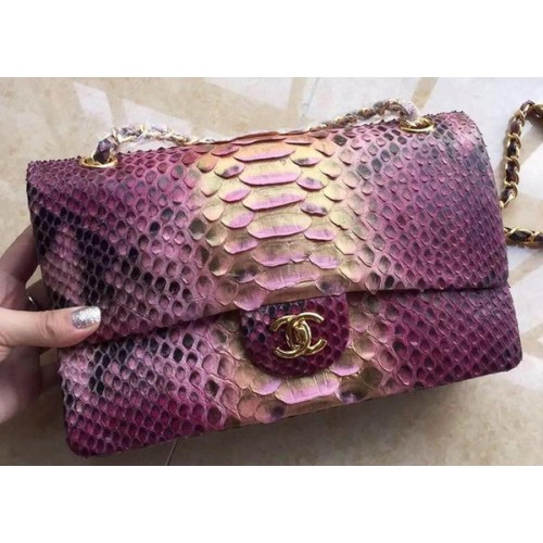 Chanel 2.55 Serie Flap Bags Licht Paars Roze Origineel Python Leer A1112SA Goud