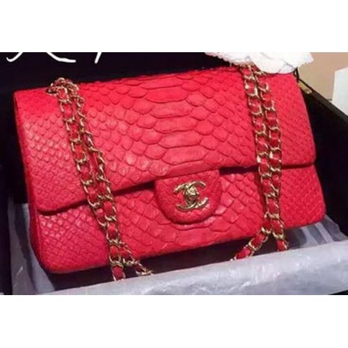 Chanel 2.55 Serie Flap Bags Rood Origineel Python Leer A1112SA Goud
