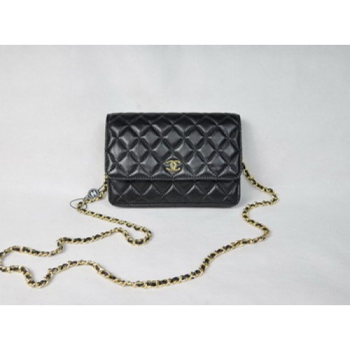 Chanel lamsleren tas 33814 zwart met gouden ketting