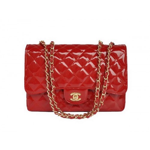 Nieuwe Kleur Chanel A28600 Rood Lakleer Klassieke Flap Bag Goud