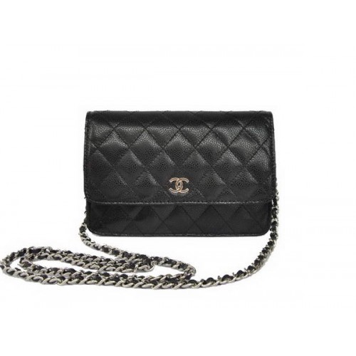 Nieuwe Goedkope Chanel A33814 Black Grain Leather Flap Bag Zilver