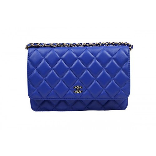 Chanel CHA33814 Blauwe Originele Schapenvacht Leren Mini Flap Bag Goud