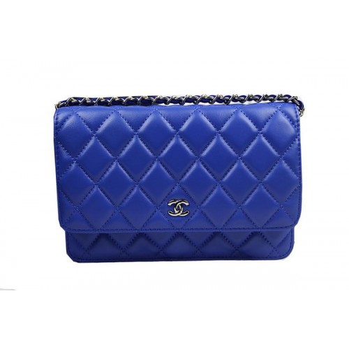 Chanel CHA33814 Blauwe Originele Schapenvacht Leren Mini Flap Bag Zilver